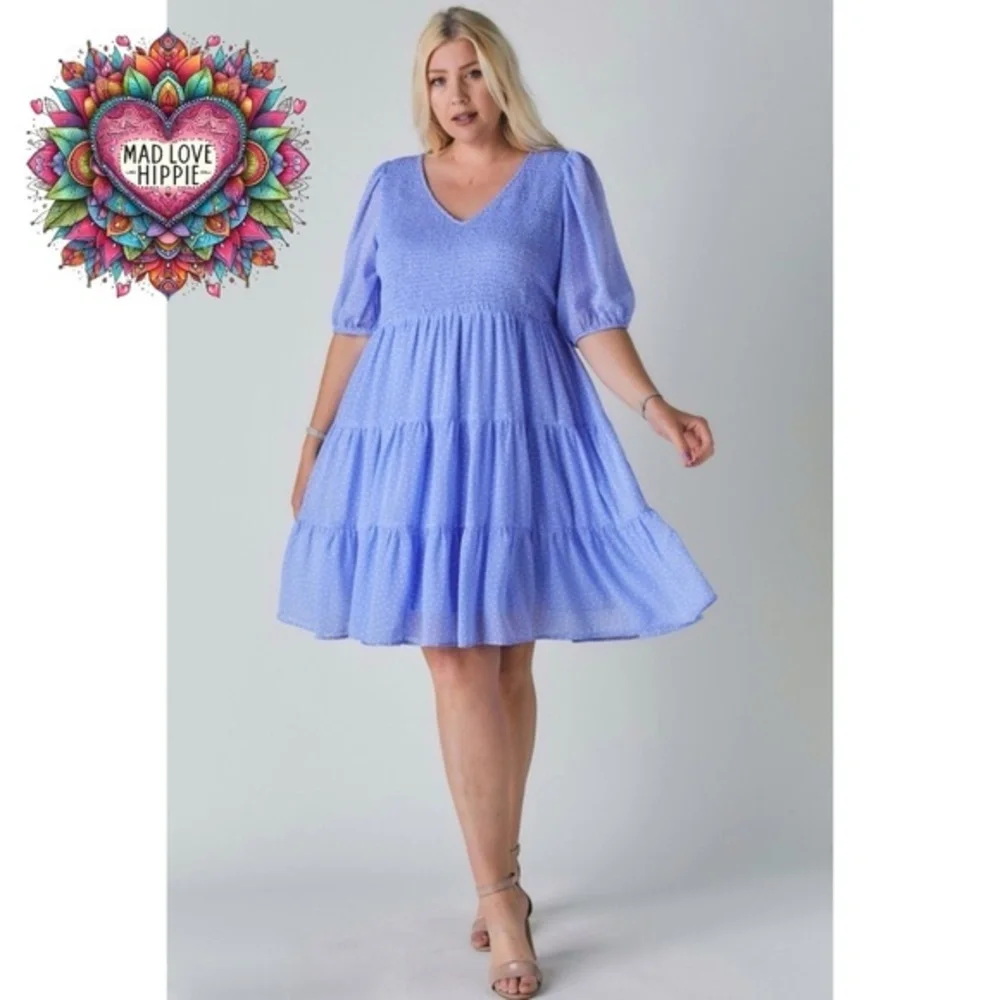 Davi & Dani Blue Polka Dot V Neck Short Sleeve Tiered Midi Dress - Picture 1 of 9